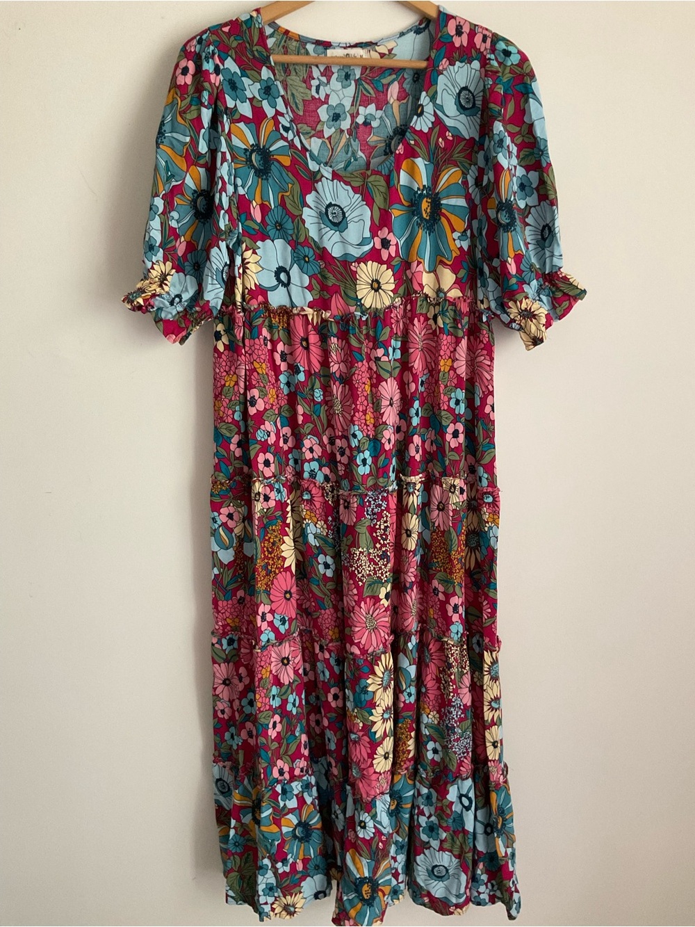 Natural Life Collette Maxi Floral Dress Tier Blue Red Boho Cottagecore Flowy - Picture 2 of 9